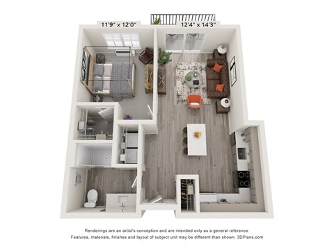 Floor plan for 1 bed, 1 bath, 658 sqft